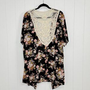 Rue+ Black Floral Crochet Kimono 1X Chiffon Open Cardigan Rue21 Flowers Festival